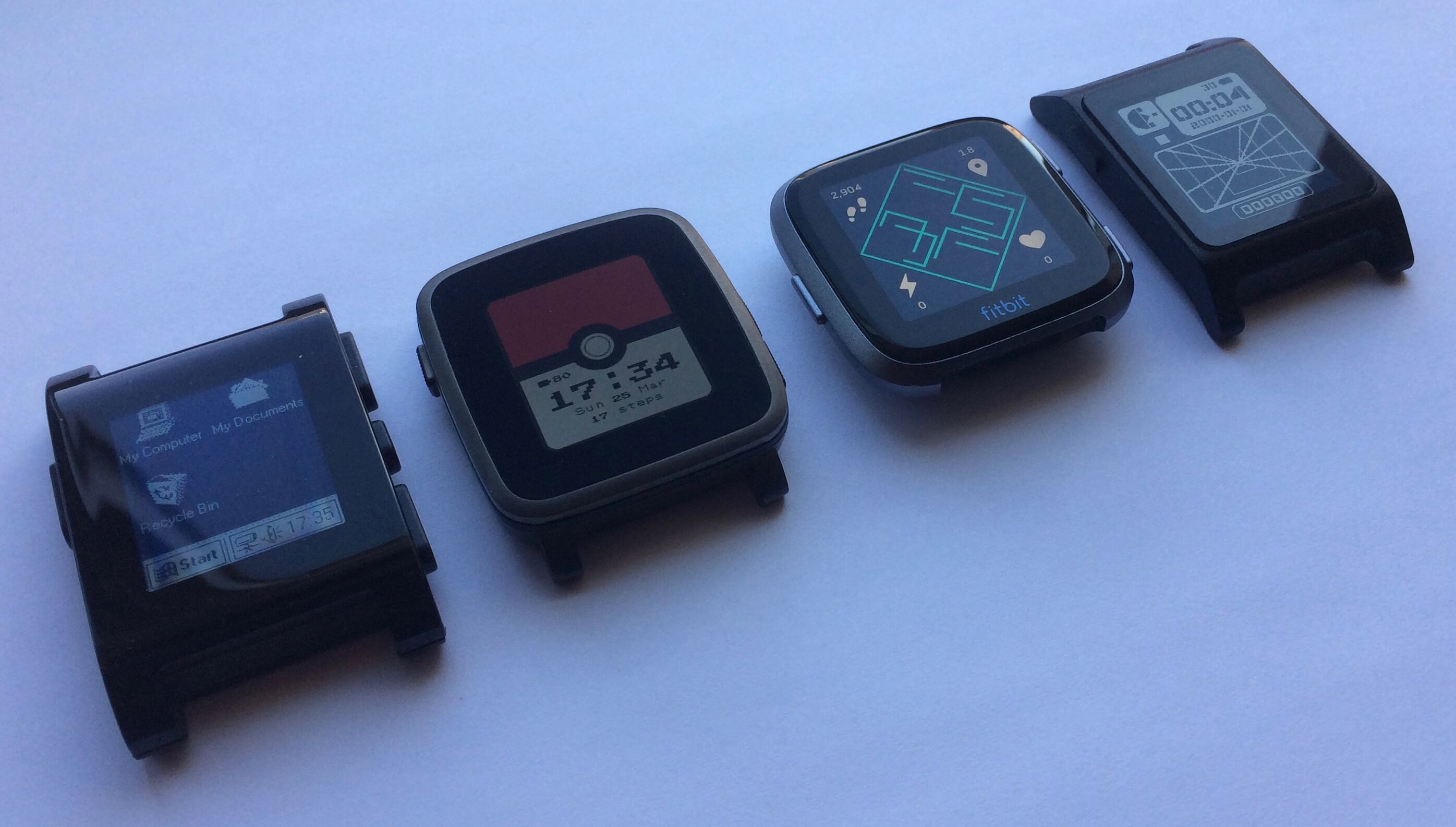 Fitbit Versa compared with Pebble, Pebble Time Steel, and Pebble 2